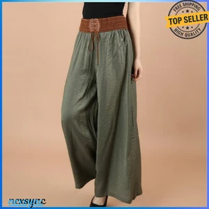 Women's Cotton Linen Wide Leg Pants Casual Culotte Palazzo Loose Trousers Slacks - Picture 1 of 30