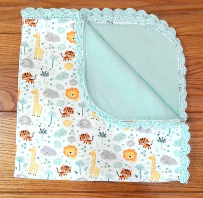 Handmade Flannel & Fleece Baby Blanket W/Cute Jungle Critters & Crocheted Edge - Image 1 of 4
