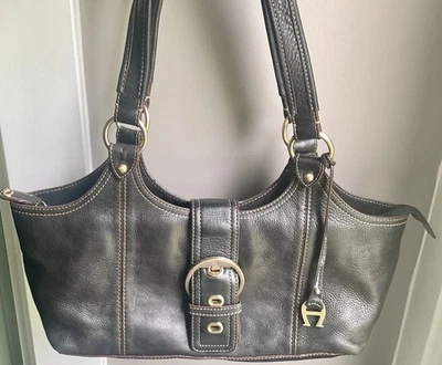 Bolso de Mano Etienne Aigner Cuero Guijarro Negro Acento Marrón Bolso Hebilla Grande 71391 Foto 1 de 4