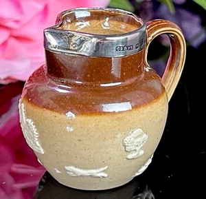 Antique Doulton Lambeth Stoneware Miniature Jug Sterling Rim C.S.F.C. - Picture 1 of 17