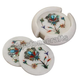 Handmade White Marble Coasters Inlaid with Semi-Precious Gemstones - 6 Coasters - Picture 1 of 5