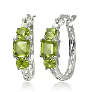 Three-Stone Peridot Filigree Hoop Earrings in Sterling Silver - Picture 1 of 3