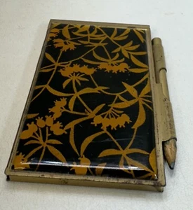Vintage Metal Notebook Pad Folding Compact Style Flowered Cover Gold Tone Pen - Picture 1 of 6