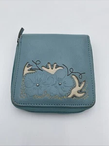 Portafoglio Vintage Pelle Lavorata Blu S Zip Intorno Y2K Fiori Piccolo - Foto 1 di 6