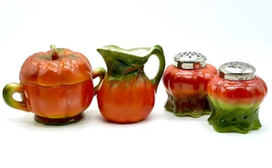Vintage Milk Glass Pumpkin Tomato Serving Set Sugar Creamer Salt Pepper Shakers - Picture 1 of 24