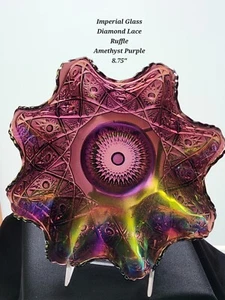 Vintage Imperial Carnival Glass Diamond Lace Amethyst Purple Ruffled Bowl 8.75" - Picture 1 of 9
