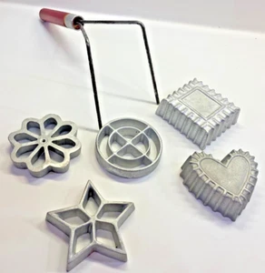 VTG Double Rosette Timbale Iron Set Red Wood Handle & 5 Cookie Mold - Picture 1 of 6