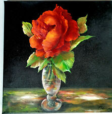 THE RED ROSE 12x12 huile florale originale sur toile unique en son genre artiste américain Klein