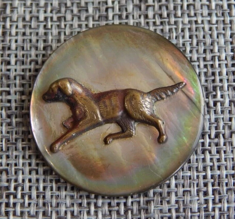 Antique Vtg Mother of Pearl Button Brass Dog OME~Apx: 1-1 /8"~#902-C Cover