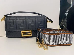 Authentic FENDI Baguette FF Motif Embossed Black Nappa Leather 2 Way Bag & Strap - Picture 1 of 24