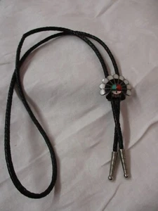 Vintage Bennett Sterling Bolo Tie Zuni Sun Face inlaid MOP turquoise coral onyx - Picture 1 of 5