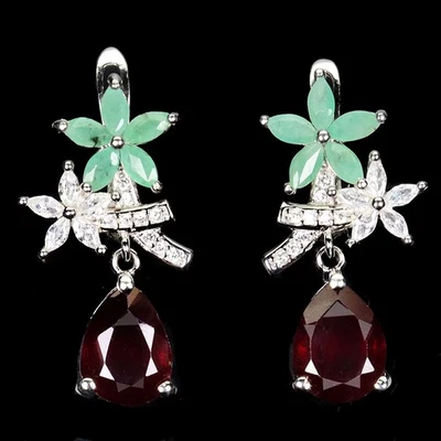 Black Friday 925 Sterling Silver Earrings Pear Ruby 9x7mm Emerald Jewelry - Image 1 of 4
