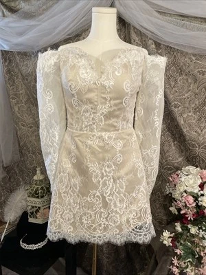 beige And White Short Wedding Dress With Lace Corset Back And Zipper Size 12 - Image 1 of 4