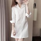 Women Pure White Long Sleeve V Neckline Slim Shirt Dress Casual Long Hem Beauty