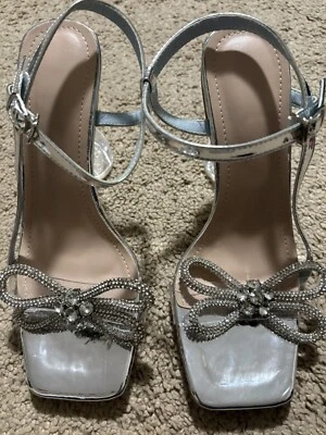 Sandalias de tacón con lazo de diamantes de imitación para mujer punta cuadrada abierta fiesta zapatos de vestir 6 Foto 1 de 4