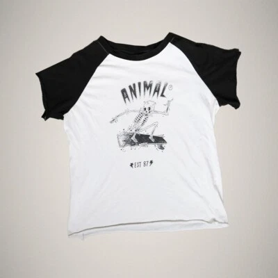 Y2K Animal Black White Surf Skeleton Graphic Crop T-Shirt Size S Skater Tee - Image 1 of 4
