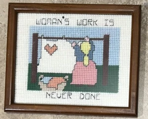 Vintage Needlepoint Embroidered Picture "Woman's Work Is Never Done" 9x11" VGVC - Picture 1 of 3