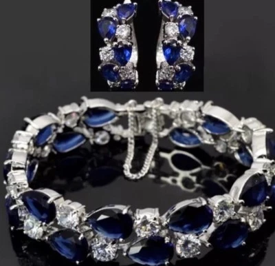 18k White Gold Filled Lab-Created Blue Sapphire Tennis Bracelet Earrings Set - Image 1 of 4