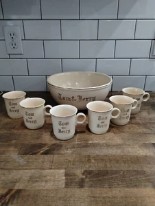 Tom & Jerry Homer Laughlin Punch Bowl Set 6 Cups Ivory Gold Mugs Christmas Vtg - Picture 1 of 7