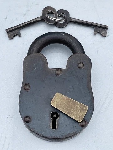 Antique 5" Iron Jail Money Chest Pad Lock Brass Door w 2 Skeleton Keys Cover