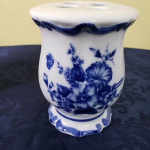 Blue White Toothbrush Holder Porcelain Vintage 5" Flow Blue NOS Bathroom - Picture 1 of 9