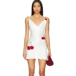 Leslie Amon Paris Galli mini dress cream satin beaded red cherries sz XL New NWT - Picture 1 of 12