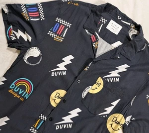 Duvin Design Shirt Print Loop Collar AOP 80s Stretch Button Up Black Men's Large - Picture 1 of 10