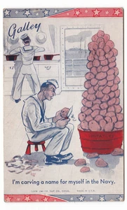 Navy vintage postcard WWII era galley peeling potatoes carving a name for myself - Picture 1 of 2