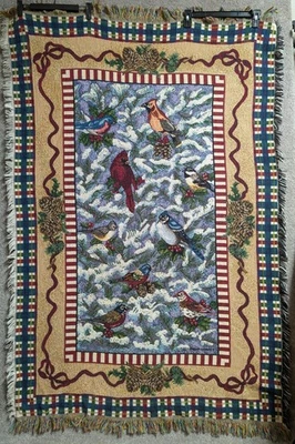 Vintage 80s 90s Goodwin Weavers Throw Blanket Tapestry 44" x 66" Winter Birds - Image 1 of 4