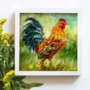 Original oil painting Impressionism Rooster Farm bird framed mini art  4x4in so - Picture 1 of 8