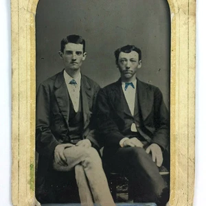 Tintype Photo Men Legs Crossed Paper Frame Color Tinted E C Leath Petersburg VA - Picture 1 of 5