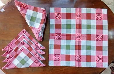 15 serviettes de table anciennes Vintage À Carreaux Rouge Vert / Linge Ancien - Photo 1/4