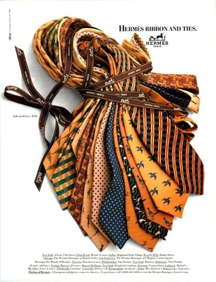 1986 Hermes of Paris Ribbon and Ties Print Ad Birds leaves stripes dots colorful - Image 1 of 2