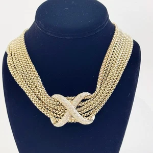 Talbots Gold Tone multi strand Rhinestone X Statement Necklace Wedding Evening - Picture 1 of 16