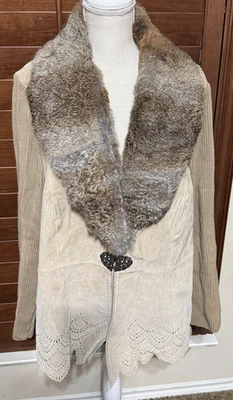NYGARD Jacket Womens 2X Beige Suede Rabbit Fur Collar Knit Body Western Boho - Image 1 of 4