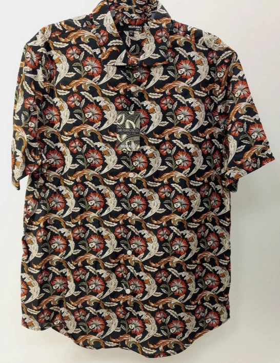 MURANO MEN'S SHRT SLEEVE FLORAL SLIM FIT SHIRT COTTON MULTICOLOR BLACK-XL