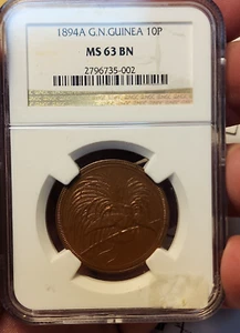 1894 A GERMANY NEW GUINEA 10 PFENNIG NGC MS63 BN - Picture 1 of 3