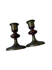 VTG Wooden Mini Candlestick Hold Brass Holders Primitive Cottage-Core Rustic - Picture 1 of 5