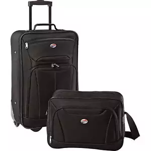 2 Piece Softside Luggage Set 21" Upright Rolling Carry-on and Boarding Bag Black - Picture 1 of 7