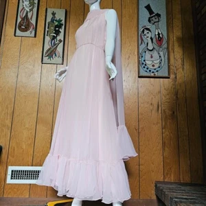 Vtg 60s Pink Victoria Royal Hong Kong Sheer Chiffon Evening Dress Ball Gown S/M - Picture 1 of 16