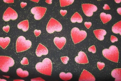 Unknown Fabric 100% Cotton VALENTINE'S DAY Glitter Hearts Red/Pink on Black - Image 1 of 4