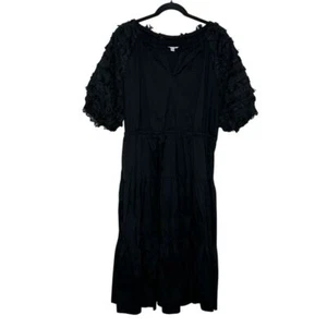 Chico's Poplin Fringe Puff Sleeve Midi Dress Size 2.5 US 14 Black Split Neck - Picture 1 of 11