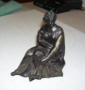 Antique 1880s Bronze Metal Spelter Clock Topper Lady Holding Bow? - Picture 1 of 6