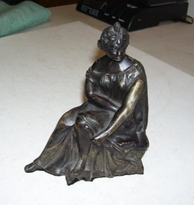 Antique 1880s Bronze Metal Spelter Clock Topper Lady Holding Bow? - Image 1 of 4