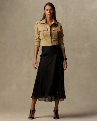 Ralph Lauren фиолетовый ярлык черный шелк Midi юбка марлевая собранными в Рюш линия Flowy разрез 4 - Изображение 1 из 4