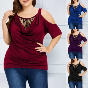 Plus Size Sexy Lace Women Cold Shoulder Tunic Tops T-Shirt Casual Blouse Shirt - Picture 1 of 18