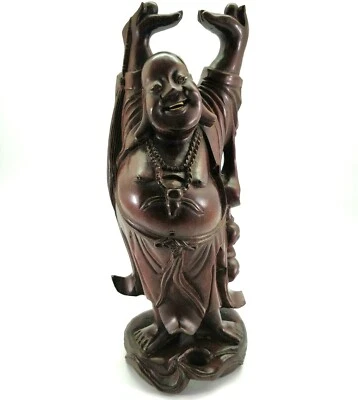 Estatueta vintage Buda feliz sorridente pau-rosa vermelho rachadura na base - Imagem 1 de 4