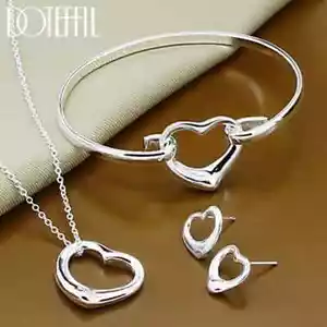 DOTEFFIL 925 Sterling Silver Heart Pendant Necklace Bangle Earring Set Jewelry - Picture 1 of 6