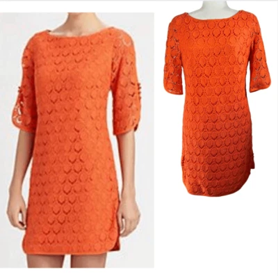 Trina Turk Crochet Lace Overlay Medium Orange Sz8 Lined Bonfire Shift Dress Foto 1 de 4