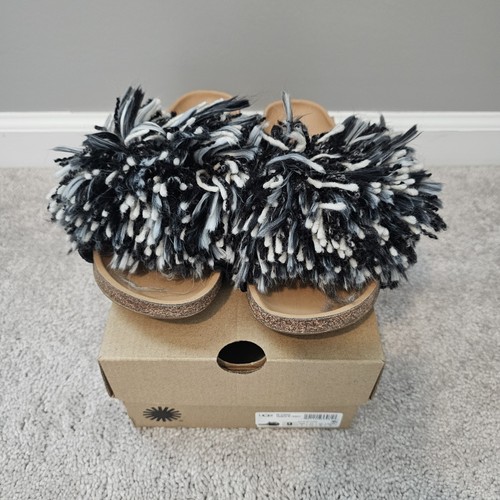 Sandali UGG nero bianco filato Cindi frange suola sughero slides taglia 9